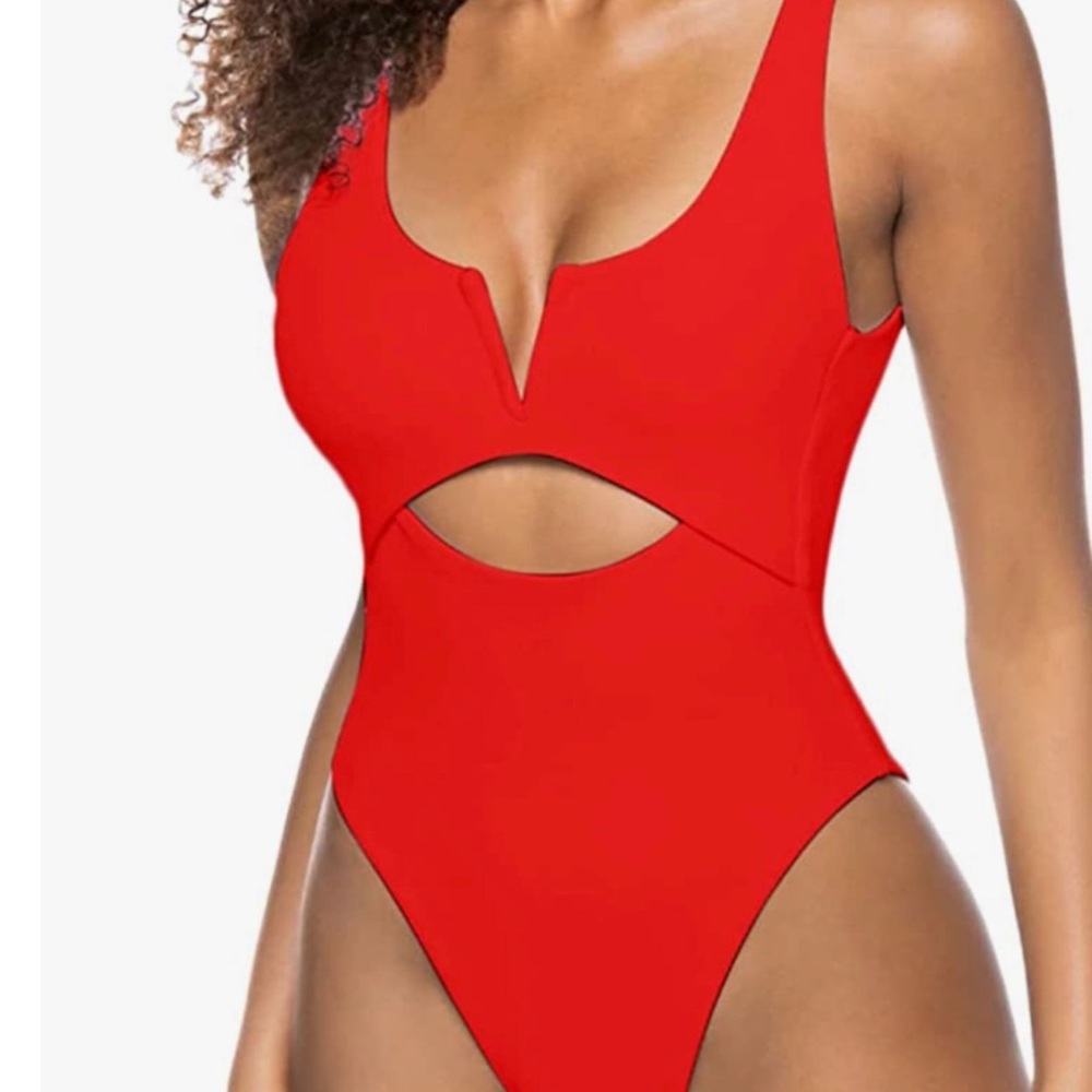Bold Red One-Piece Swimsuit with Plunging V-Neck and Cutout
